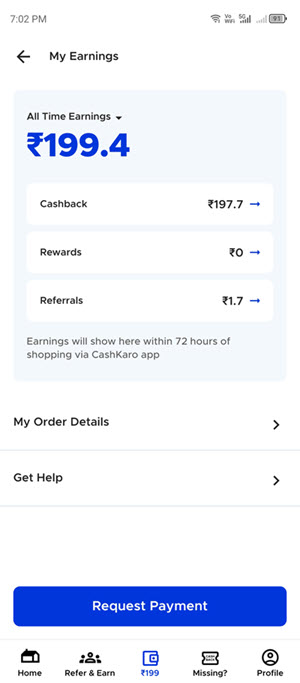 cashkaro my earnings after two days of using it