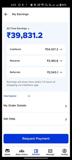 cashkaro other user earning screenshot